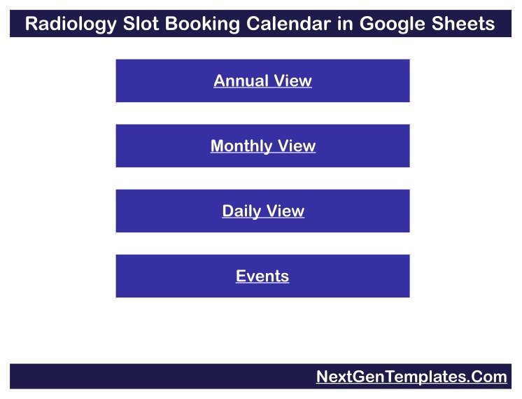 Radiology Slot Booking Calendar in Google Sheets home menu with Annual View, Monthly View, Daily View and Events buttons