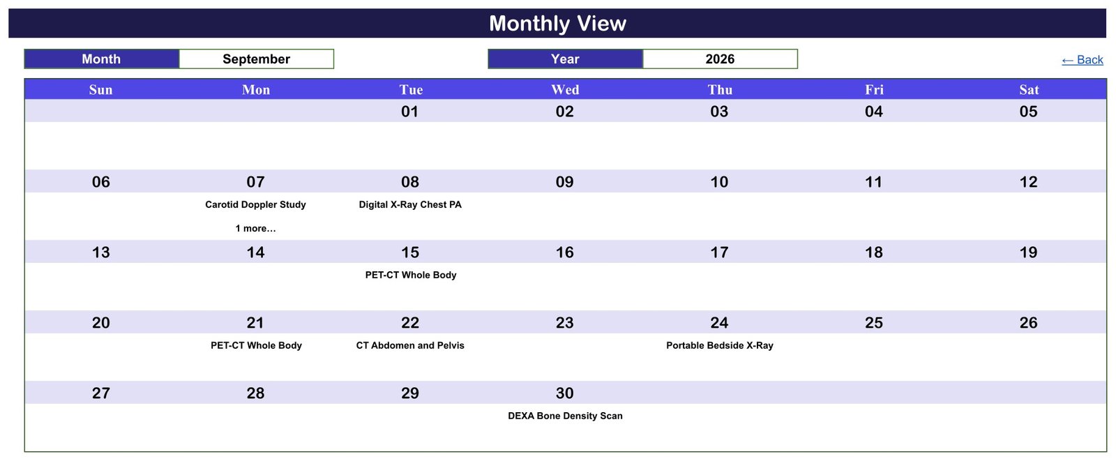 Monthly View of the Radiology Slot Booking Calendar in Google Sheets showing September 2026 with procedure names on booked days
