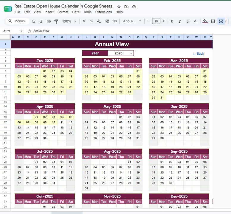 Annual View sheet tab for Real Estate Open House Calendar in Google Sheets