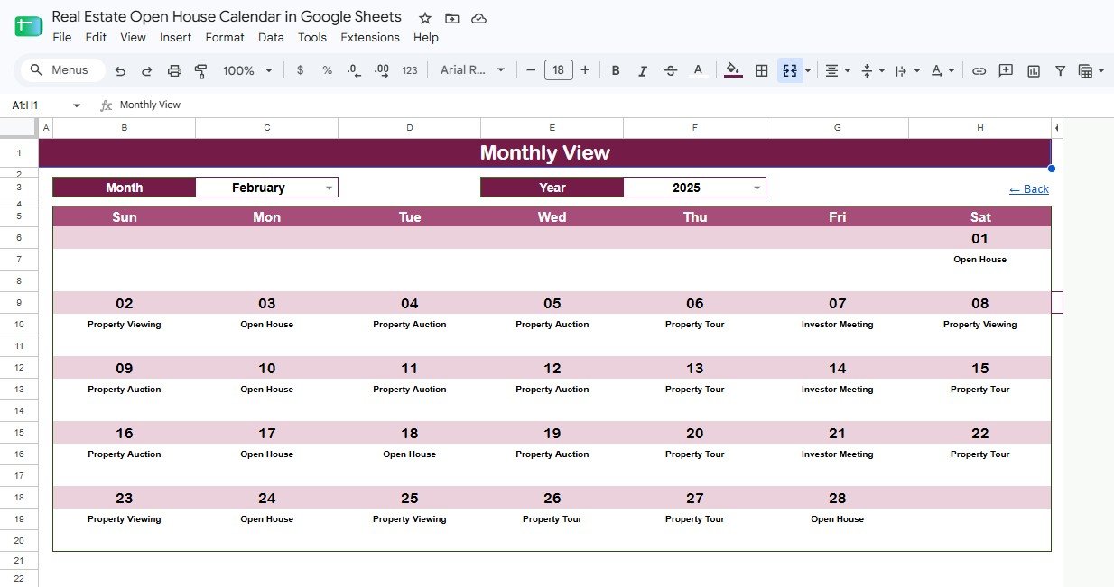 Monthly View sheet tab for Real Estate Open House Calendar in Google Sheets