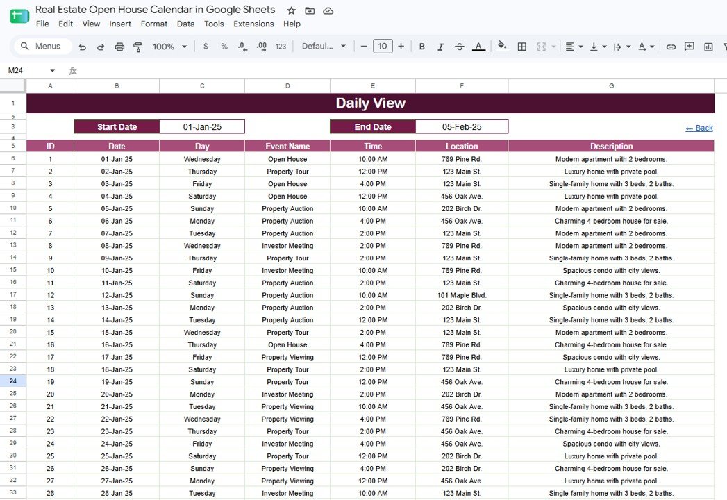 Daily View sheet tab for Real Estate Open House Calendar in Google Sheets