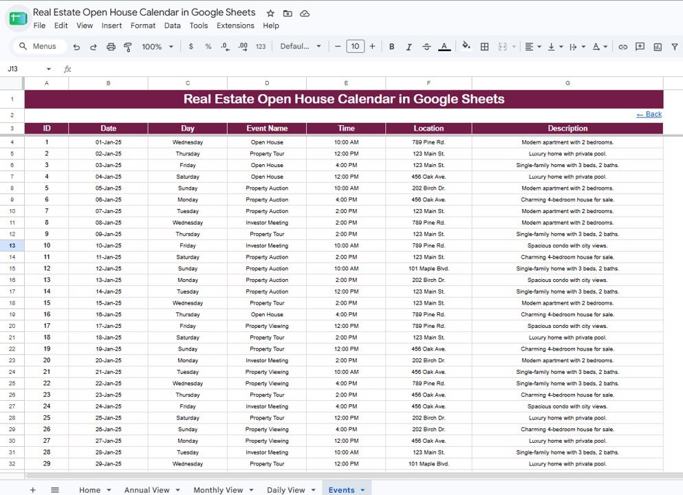 Events sheet tab for Real Estate Open House Calendar in Google Sheets