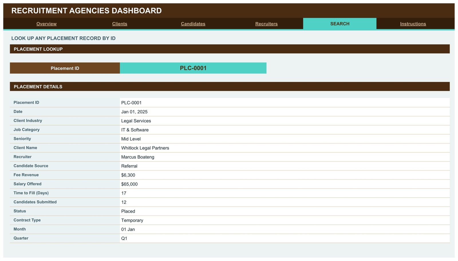 Recruitment Agencies Dashboard in Google Sheets - Search page