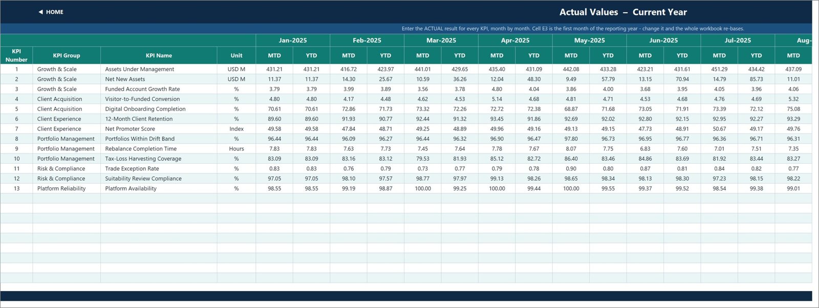 KPI Input Actual sheet with monthly MTD and YTD entry columns