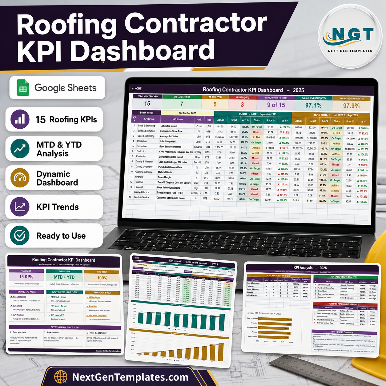 Roofing Contractor KPI Dashboard in Google Sheets product cover