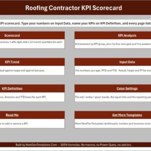 Roofing Contractor KPI Scorecard in Excel home page with links to every sheet