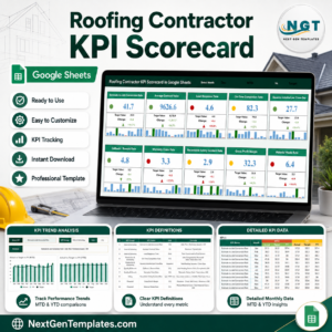 Roofing Contractor KPI Scorecard in Google Sheets product cover