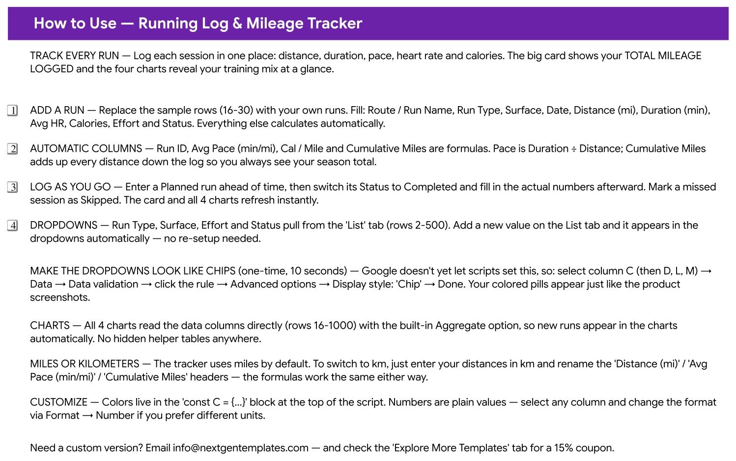 How to Use page of the Running Log and Mileage Tracker in Google Sheets