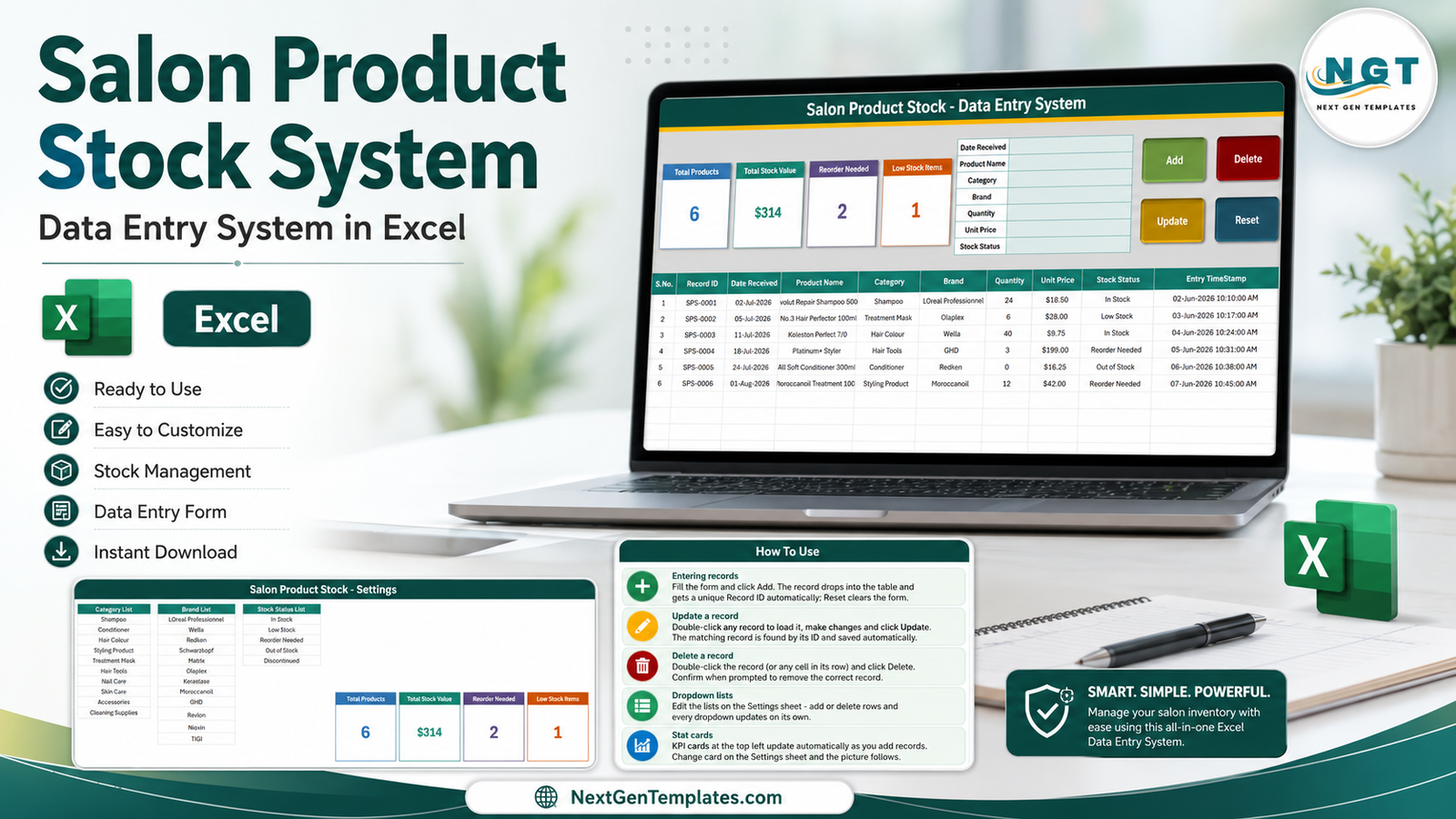 Salon Product Stock Data Entry System in Excel