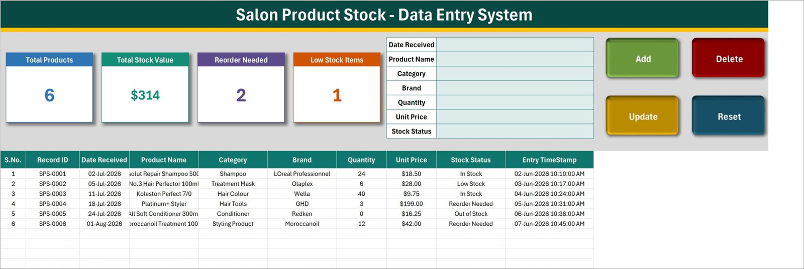 Salon stock data entry form with live inventory cards and product records