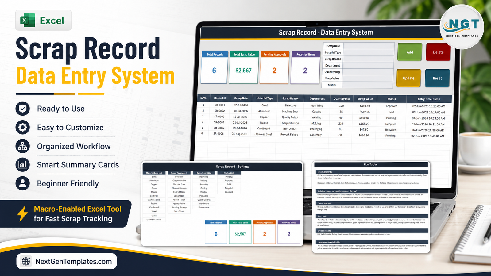 Scrap Record Data Entry System in Excel - macro-enabled workbook with a VBA entry form, four summary cards and a records table