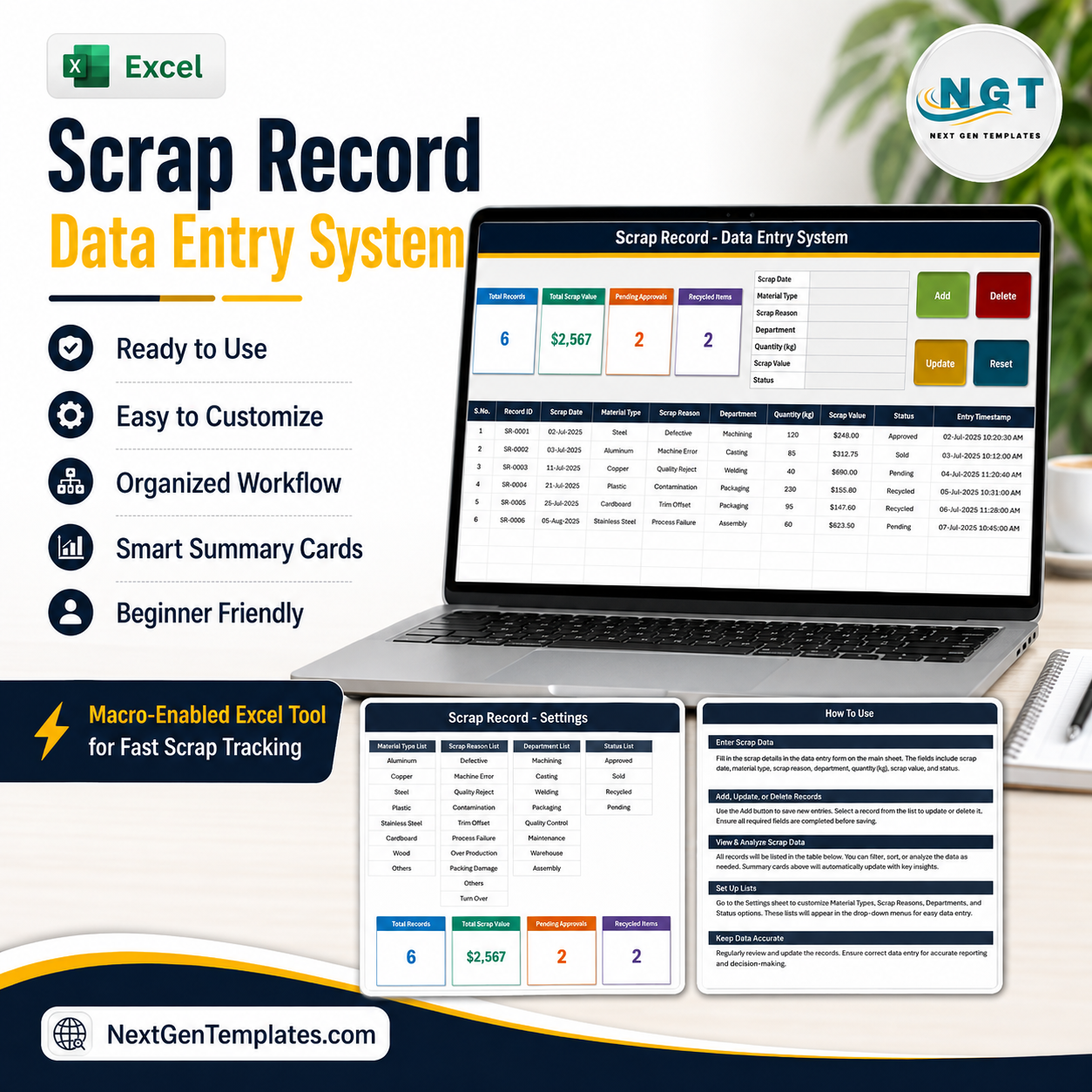 Scrap Record Data Entry System in Excel - macro-enabled scrap log with four summary cards and a VBA entry form