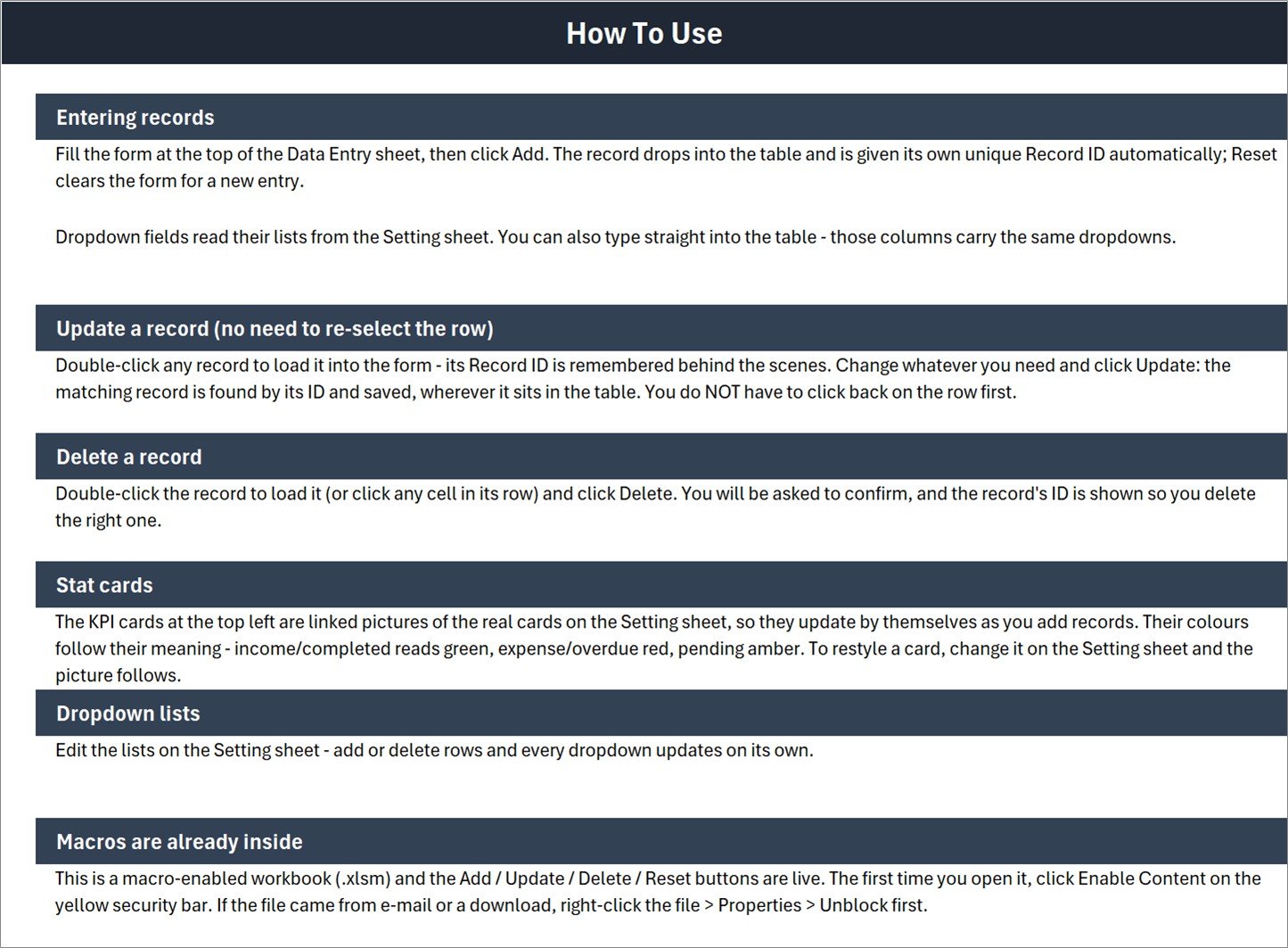 How To Use sheet of the Scrap Record Data Entry System explaining Add, Update, Delete, Reset and enabling macros