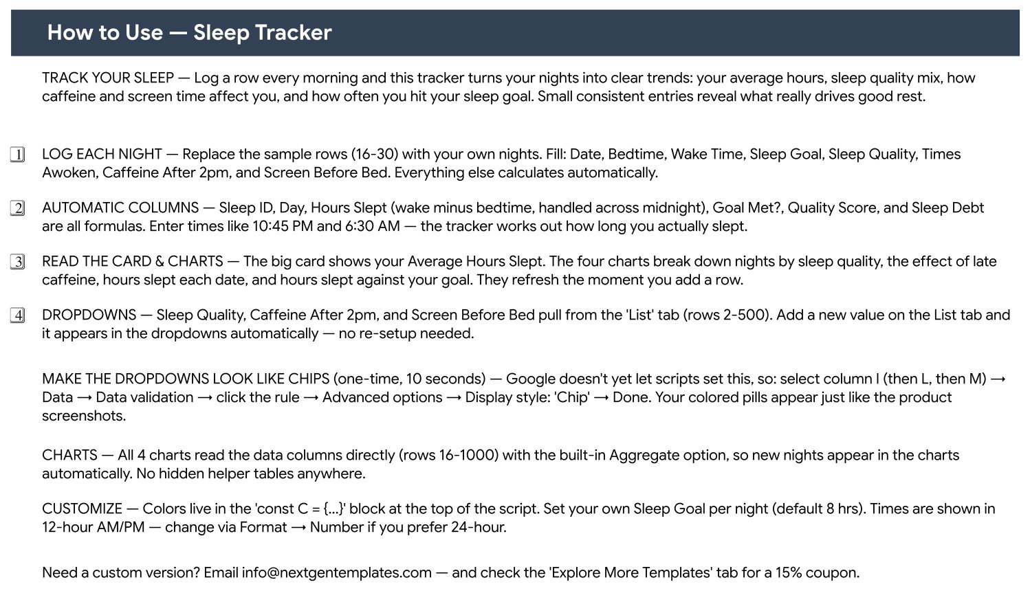 How to Use tab of the Sleep Tracker in Google Sheets explaining logging, automatic columns, charts, dropdowns and customisation
