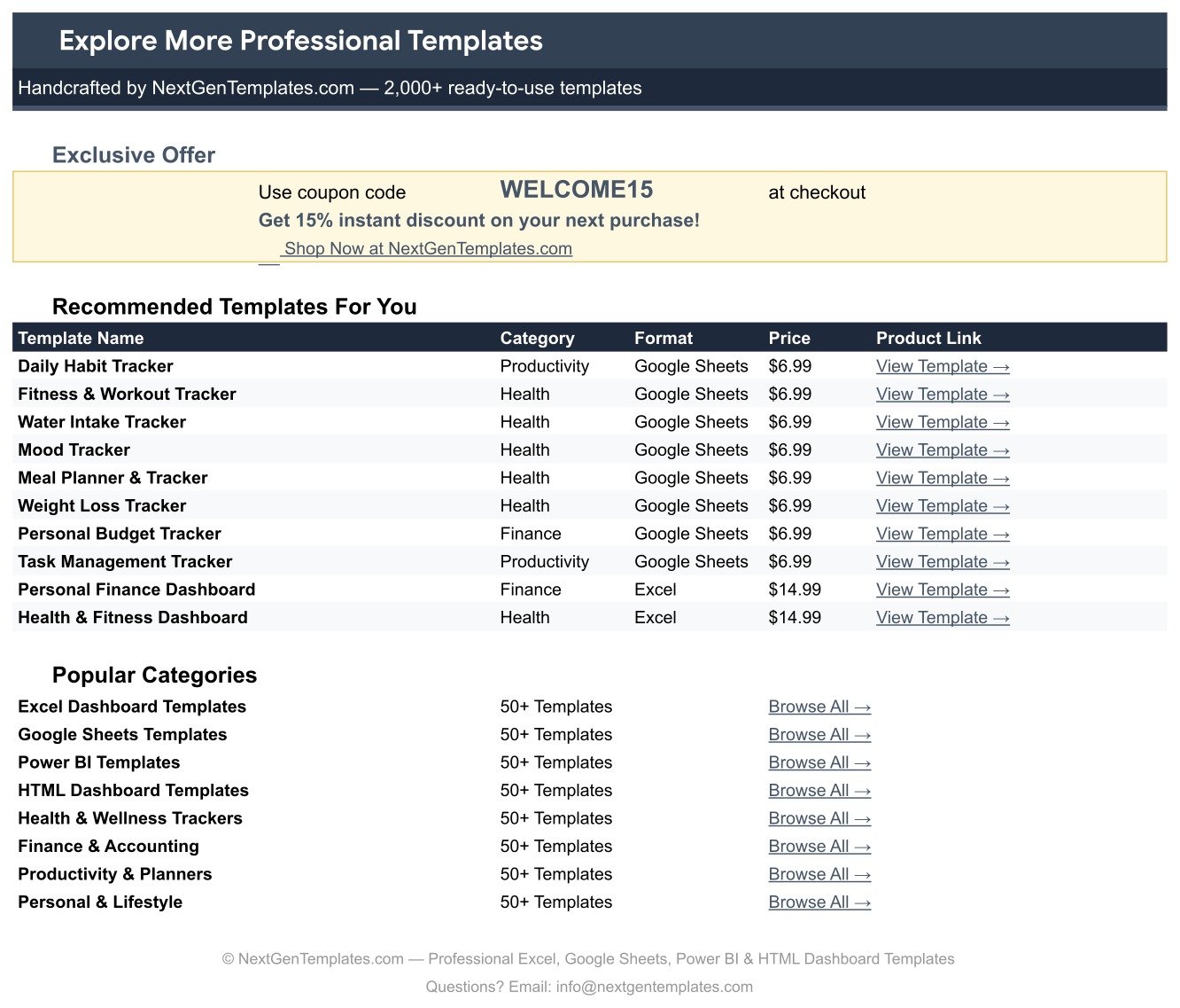 Explore More Templates tab of the Sleep Tracker in Google Sheets showing the coupon code and recommended templates