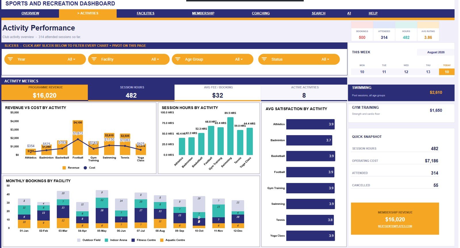 Activity Performance page in Sports and Recreation Dashboard in Google Sheets