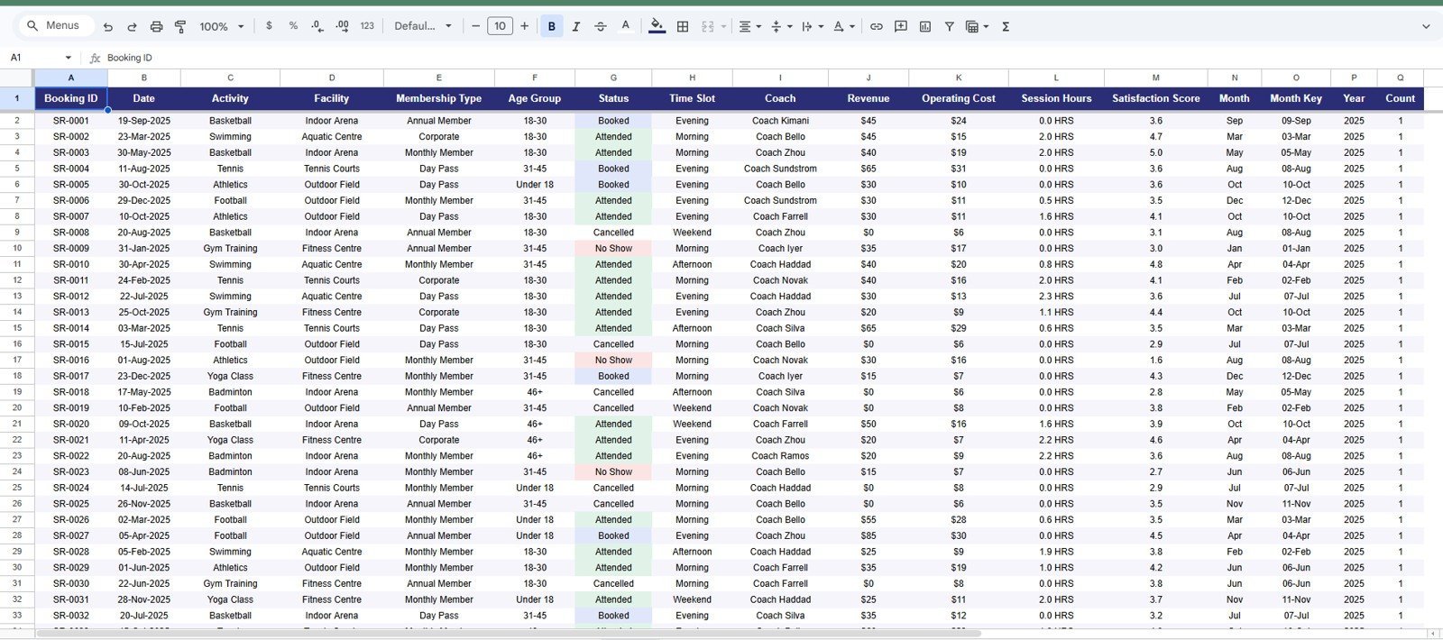 Data Sheet tab in Sports and Recreation Dashboard in Google Sheets