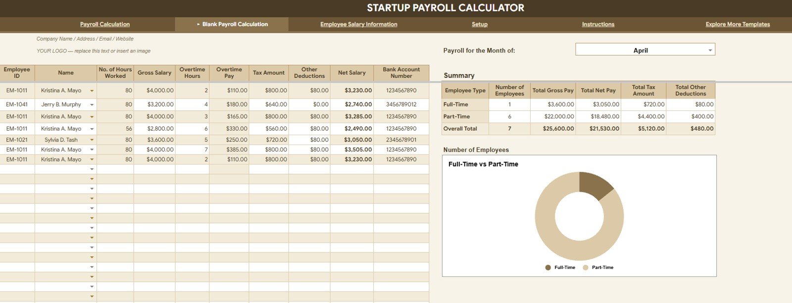 Blank Payroll Calculation sheet in Startup Payroll Calculator Google Sheets template