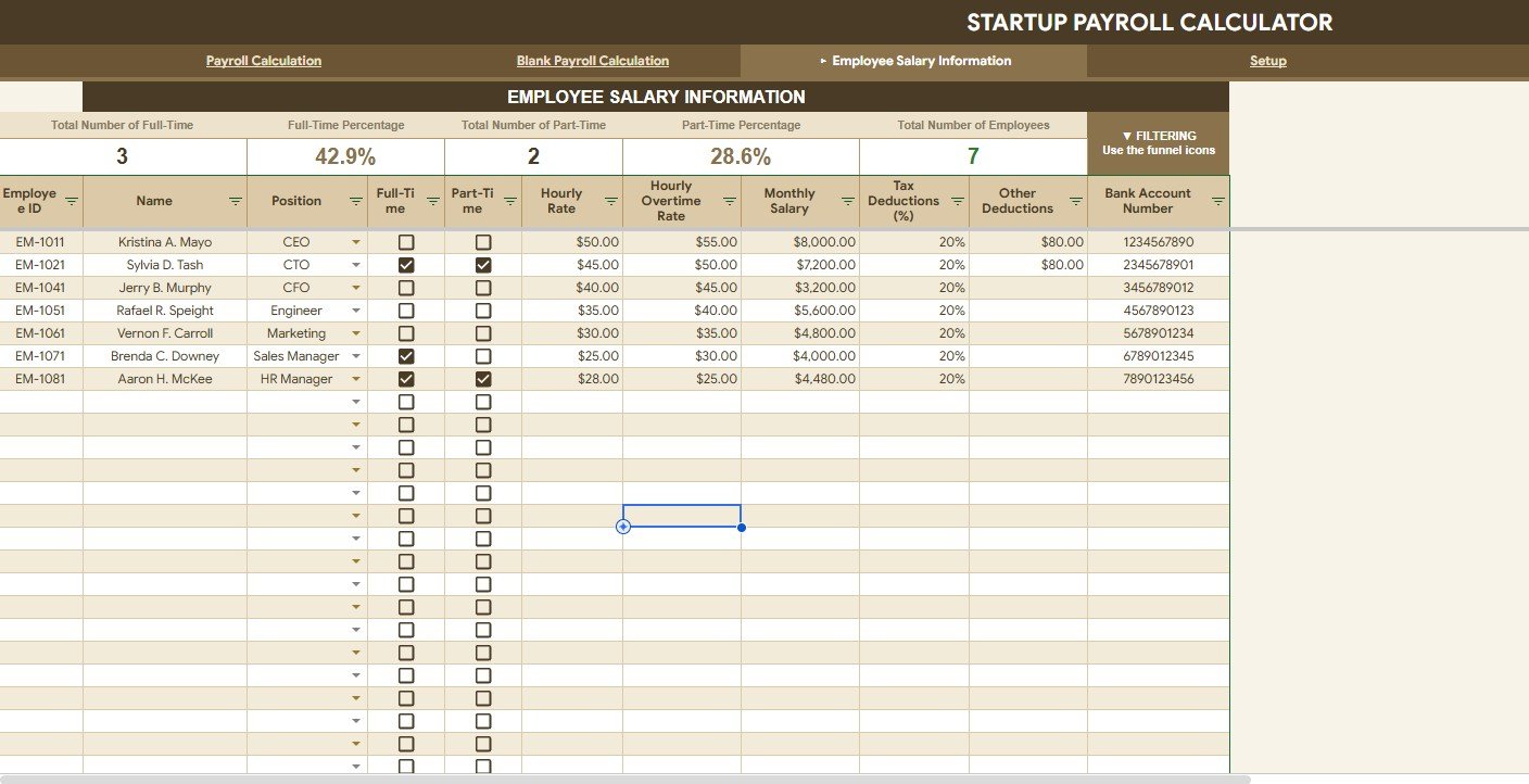 Employee Salary Information sheet for startup payroll in Google Sheets