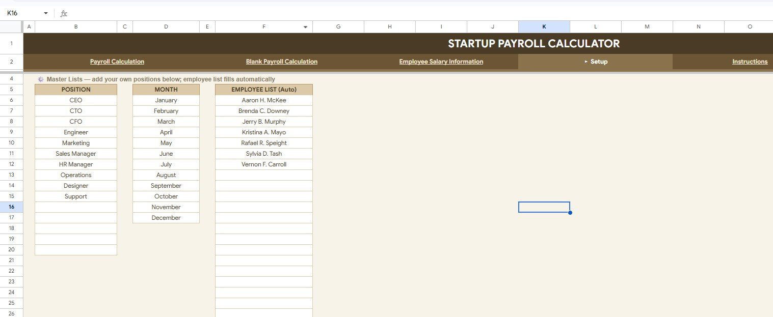 Setup tab with position month and employee lists in Startup Payroll Calculator