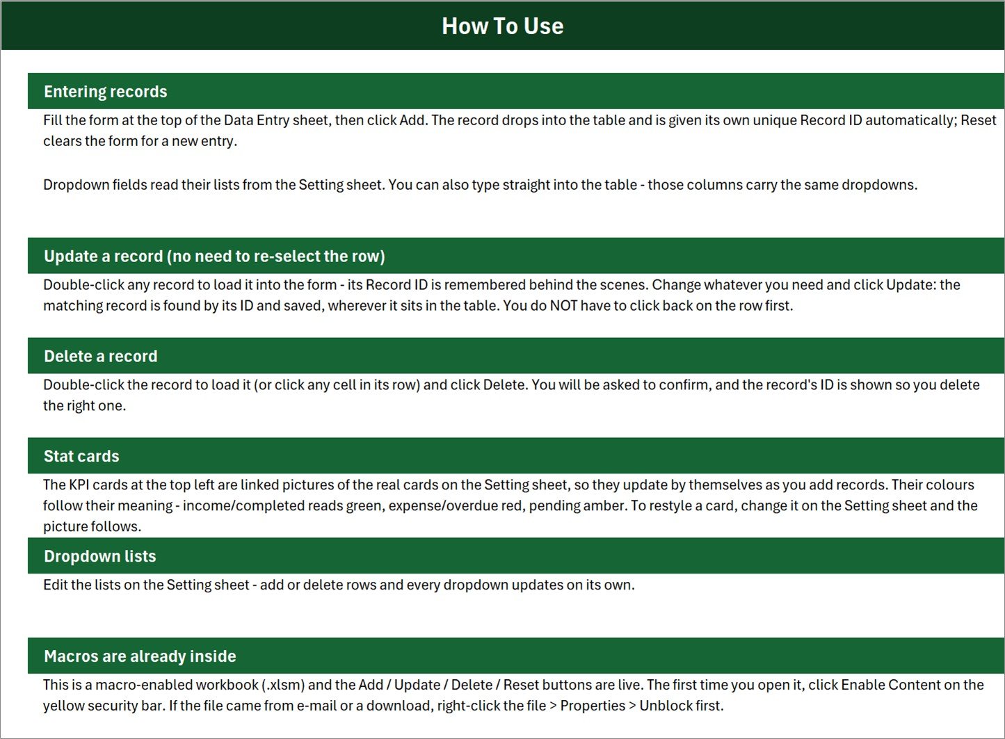 Supplement Sales Data Entry System in Excel - Instructions sheet