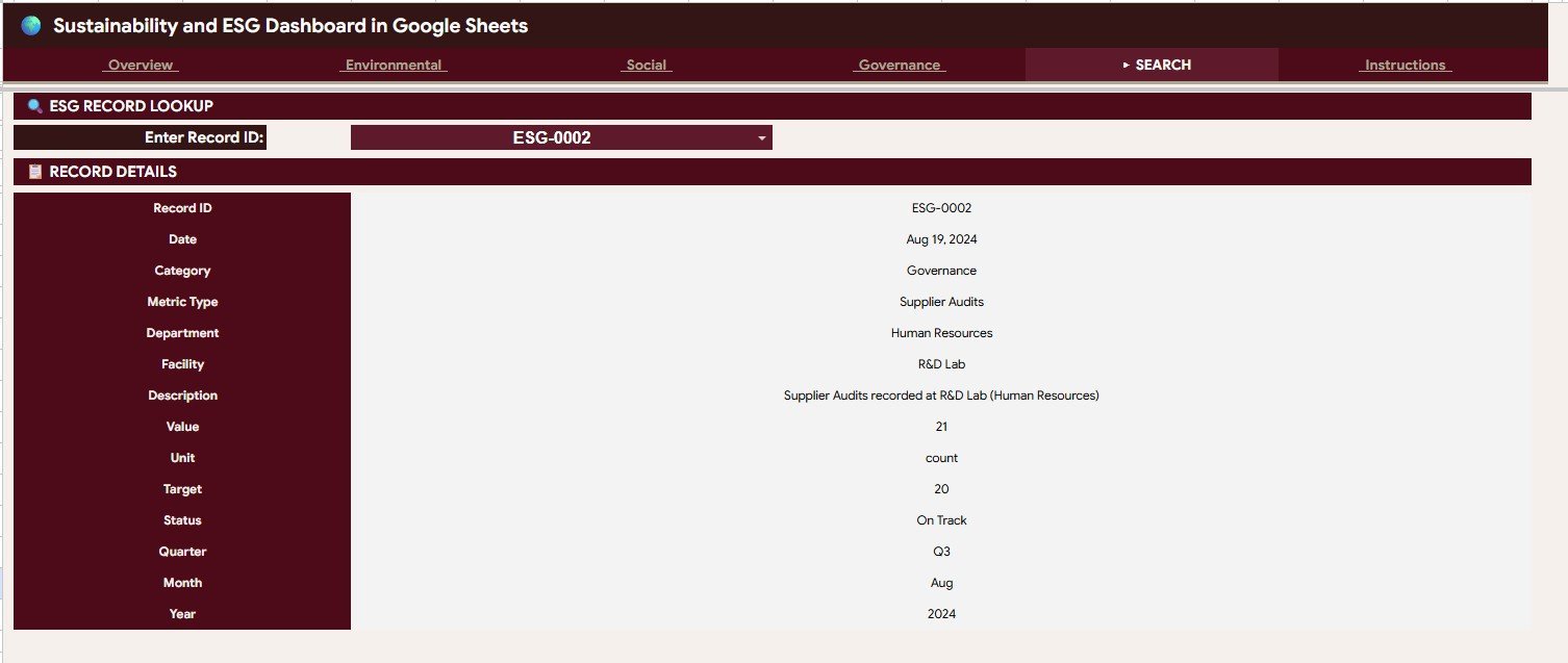 ESG Record Lookup Search Sheet tab in Sustainability and ESG Dashboard in Google Sheets