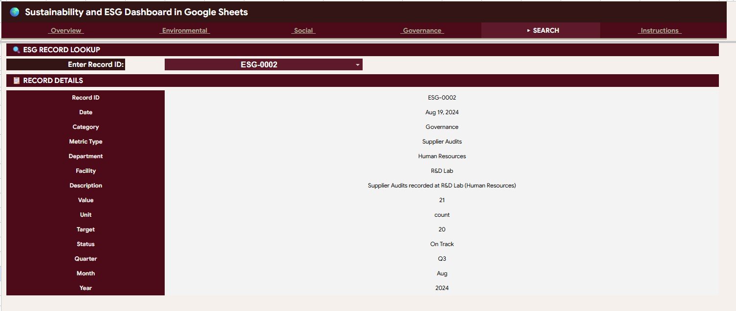 ESG record lookup search sheet in Google Sheets