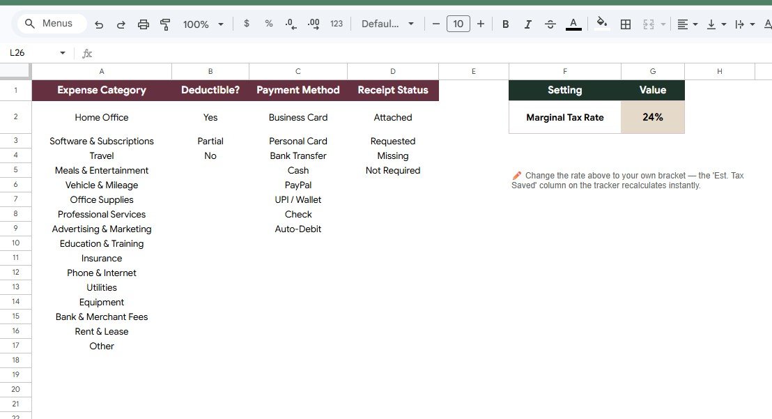 Settings tab in Tax Deduction and Receipt Tracker in Google Sheets