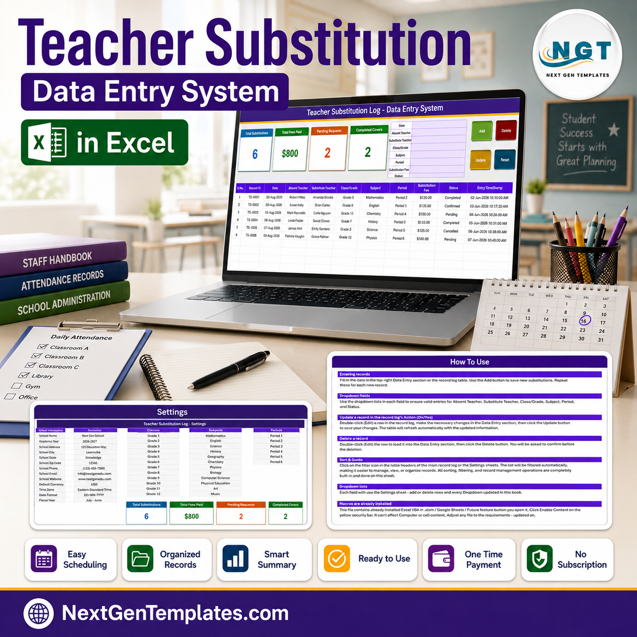 Teacher Substitution Data Entry System in Excel