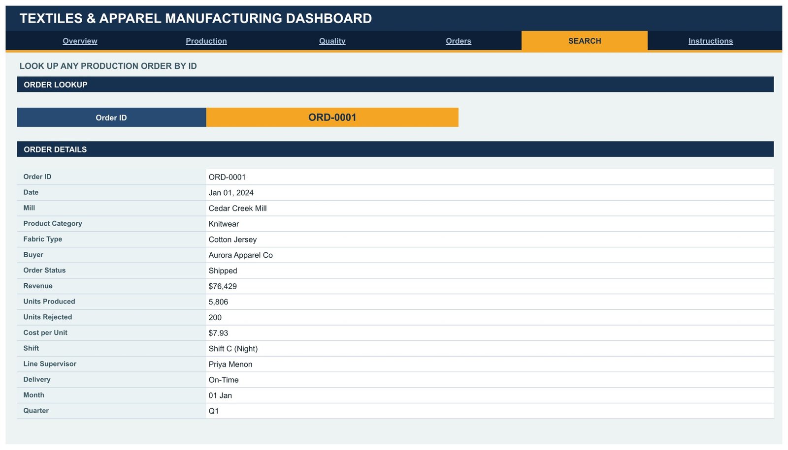 Textile production tracking template - order lookup page