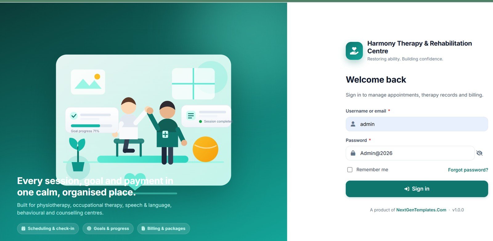 Therapy Center Management System Web App