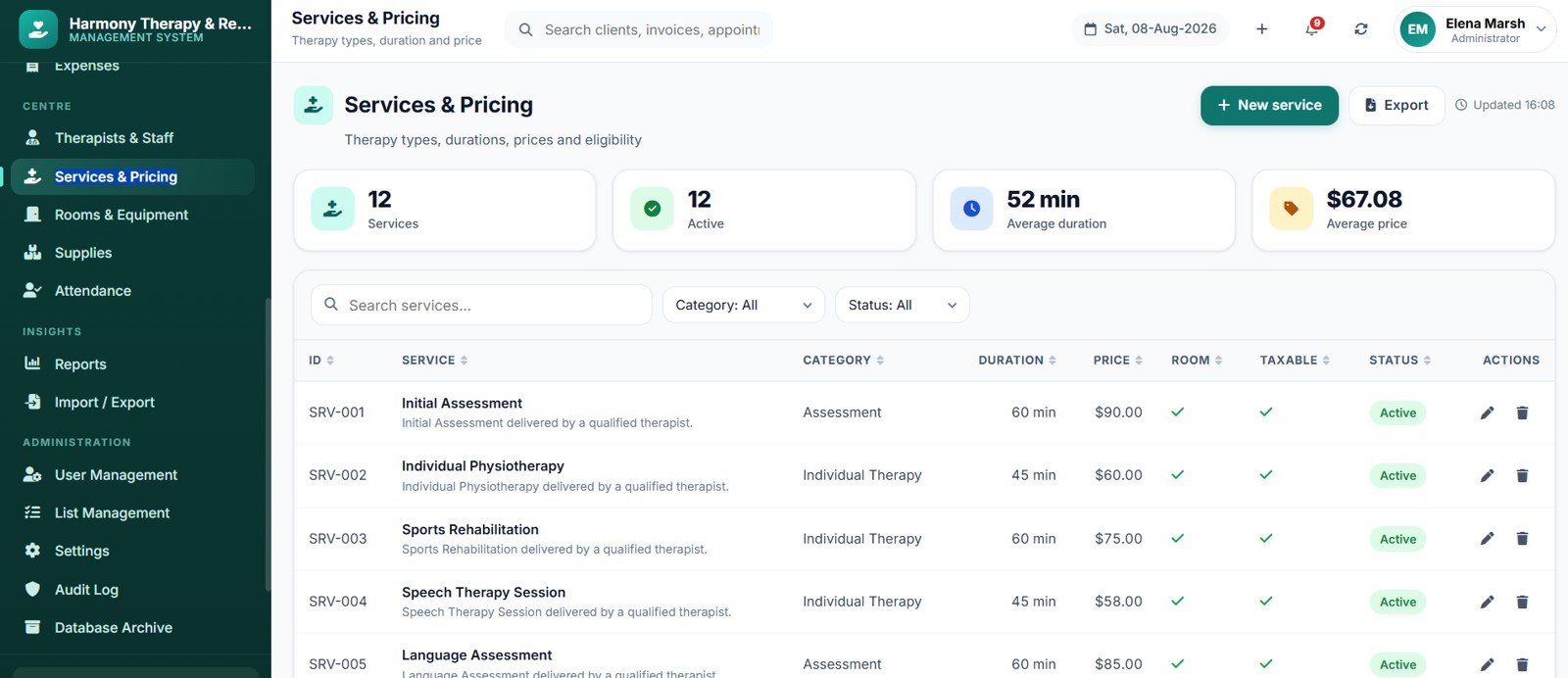 Therapy Center Management System Web App packages and session credits