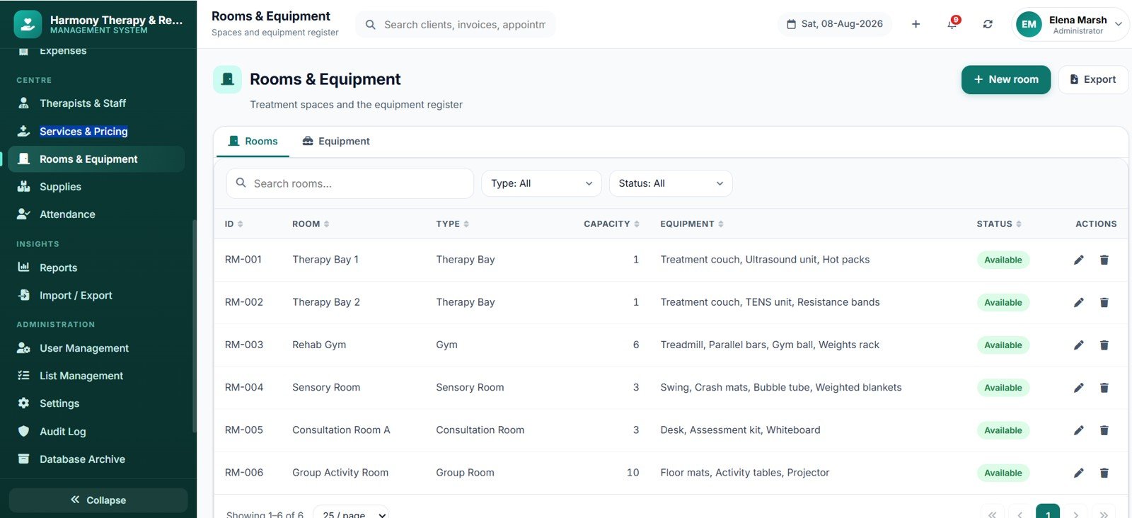 Therapy Center Management System Web App invoices
