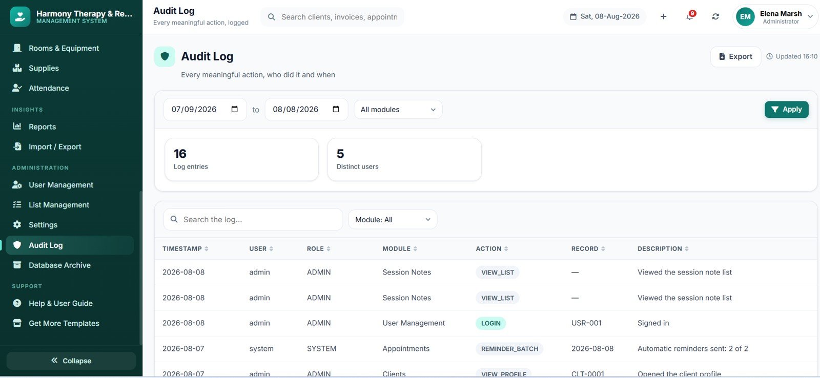 Therapy Center Management System Web App reports