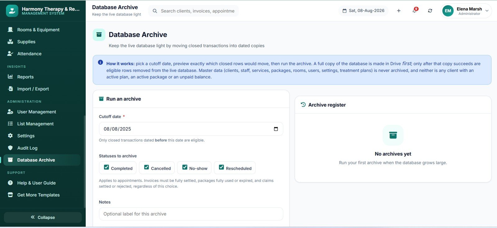 Therapy Center Management System Web App settings