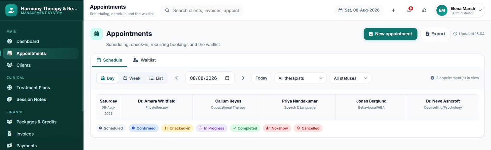 Therapy Center Management System Web App appointments day view