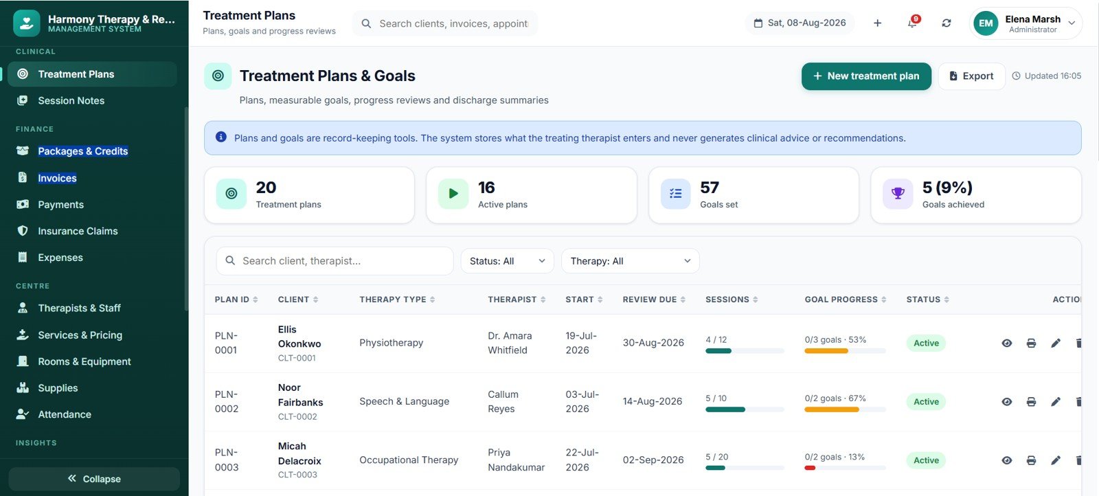 Therapy Center Management System Web App booking form with free slots