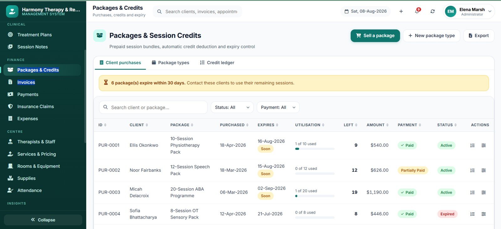 Therapy Center Management System Web App 360 client profile