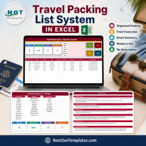 Travel Packing List Data Entry System in Excel - product cover