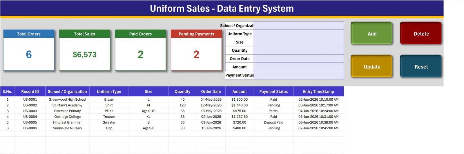 Uniform Sales Data Entry System in Excel Data Entry sheet with KPI cards, form and order register