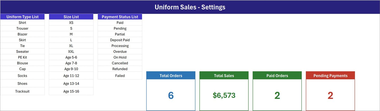 Uniform Sales Data Entry System in Excel Setting sheet with Uniform Type, Size and Payment Status lists