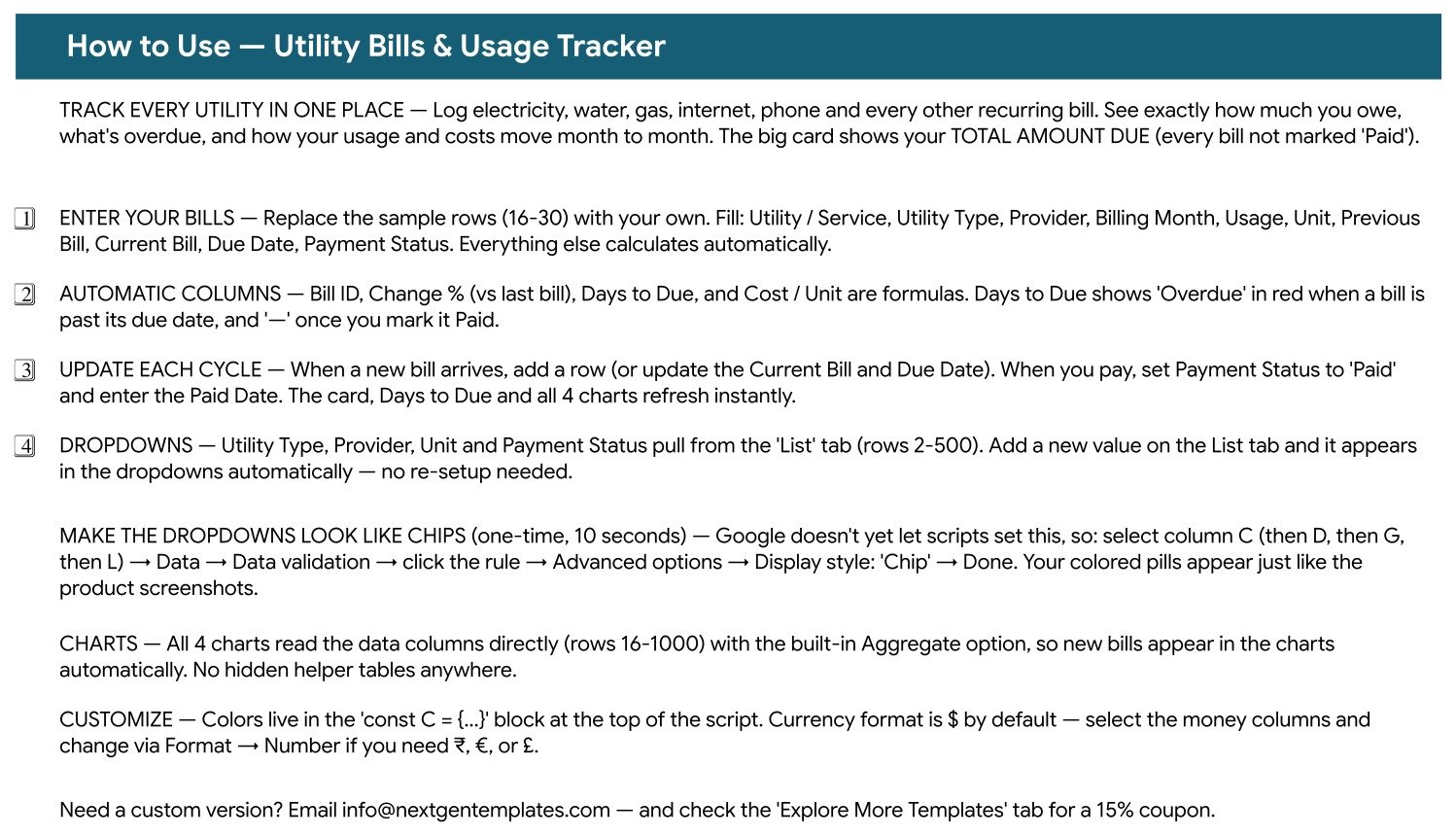 How to use the utility bills and usage tracker in Google Sheets
