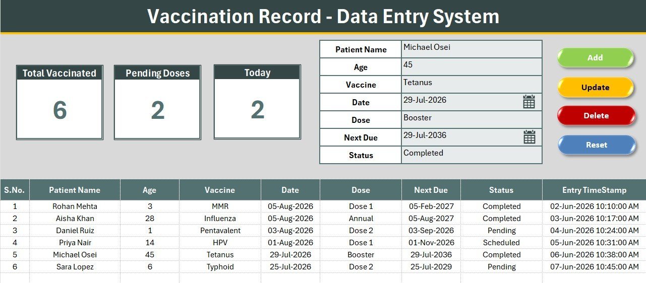 Vaccination Record Data Entry System in Excel
