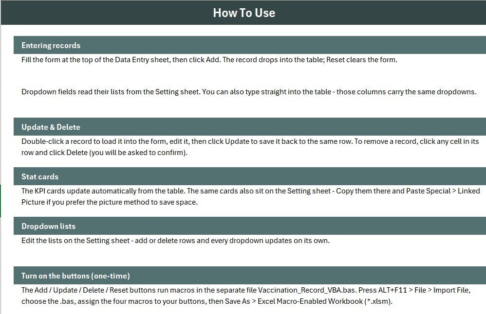 Vaccination Record Data Entry System in Excel - Instructions Sheet