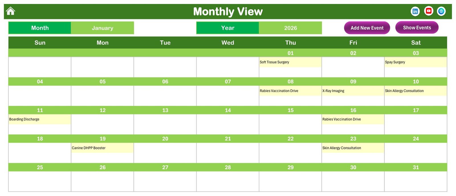 Monthly View of the Veterinary Clinic Calendar in Excel showing January 2026 appointments by day