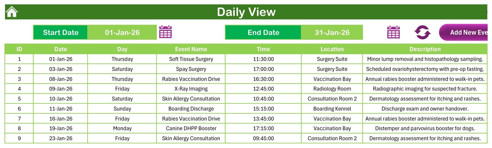 Daily View listing appointments for a chosen date range