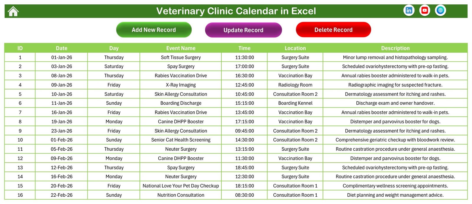 Events sheet of the Veterinary Clinic Calendar in Excel with Add, Update and Delete Record buttons