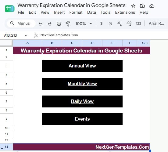 Warranty Expiration Calendar in Google Sheets overview page