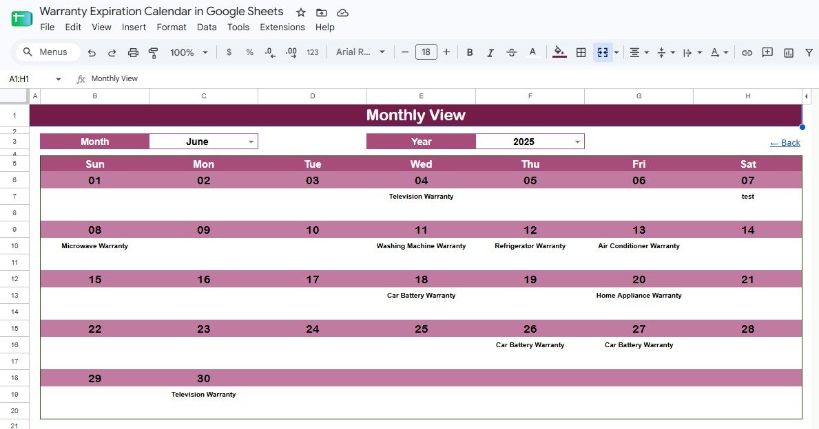 Monthly View sheet tab for warranty expiration calendar in Google Sheets