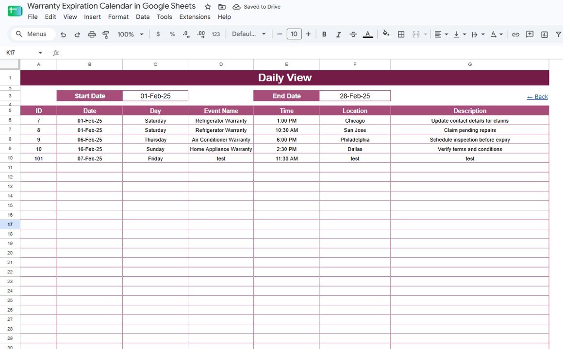 Daily View sheet tab for warranty expiration calendar in Google Sheets